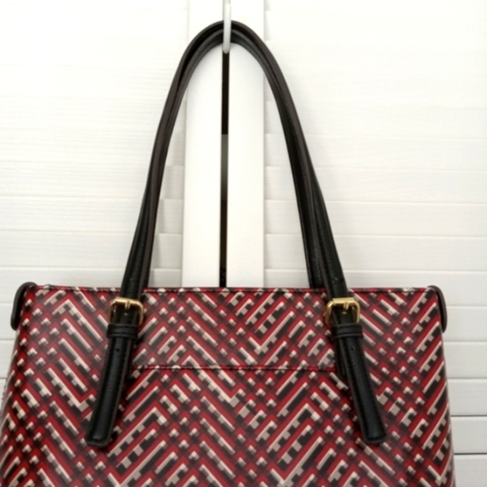 ANNE KLEIN Faux Leather Red Black White Lattice Pattern Tote Shoulderbag - Picture 4 of 14